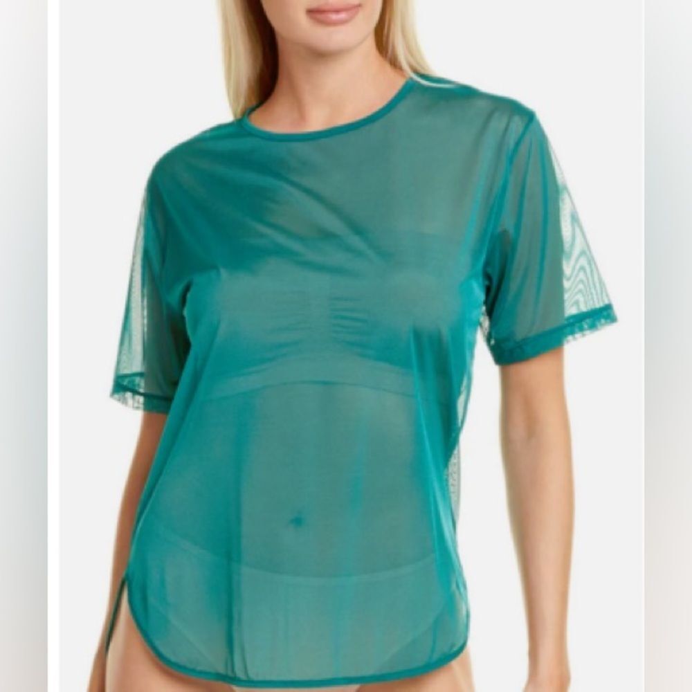 WOLFORD Sheer Tulle Mesh Short Sleeve T-Shirt Blouse Dark Jade Green Sz Small